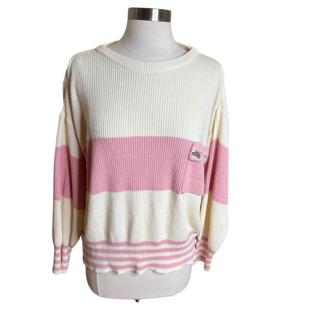 VTG Andrew St John Sweater‎ Women M Ivory Pink Striped Boatneck Oversized Retro